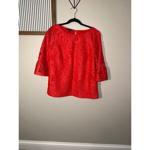 RSVP by Talbots Red Lace Tropical Leaf Eyelet Bell Sleeve Blouse Top LP